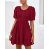imageBTFBM Spring Empire Waist Dress for Women 2025 Summer Smocked Crewneck Puff Short Sleeve Beach Vacation Mini DressesRed