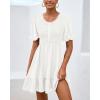 imageBTFBM Spring Empire Waist Dress for Women 2025 Summer Smocked Crewneck Puff Short Sleeve Beach Vacation Mini DressesWhite