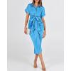 imageBTFBM Women Button Down Ruched Shirt Dresses Satin Short Sleeve Lapel V Neck Summer Maxi Dress 2025 Party Wedding GuestAqua Blue
