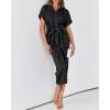 imageBTFBM Women Button Down Ruched Shirt Dresses Satin Short Sleeve Lapel V Neck Summer Maxi Dress 2025 Party Wedding GuestBlack