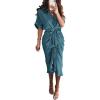 imageBTFBM Women Button Down Ruched Shirt Dresses Satin Short Sleeve Lapel V Neck Summer Maxi Dress 2025 Party Wedding GuestBlue Green