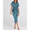 imageBTFBM Women Button Down Ruched Shirt Dresses Satin Short Sleeve Lapel V Neck Summer Maxi Dress 2025 Party Wedding GuestBlue Green