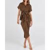 imageBTFBM Women Button Down Ruched Shirt Dresses Satin Short Sleeve Lapel V Neck Summer Maxi Dress 2025 Party Wedding GuestDark Brown