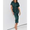 imageBTFBM Women Button Down Ruched Shirt Dresses Satin Short Sleeve Lapel V Neck Summer Maxi Dress 2025 Party Wedding GuestDark Green