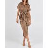 imageBTFBM Women Button Down Ruched Shirt Dresses Satin Short Sleeve Lapel V Neck Summer Maxi Dress 2025 Party Wedding GuestDark Khaki