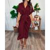imageBTFBM Women Button Down Ruched Shirt Dresses Satin Short Sleeve Lapel V Neck Summer Maxi Dress 2025 Party Wedding GuestDark Wine Red
