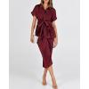 imageBTFBM Women Button Down Ruched Shirt Dresses Satin Short Sleeve Lapel V Neck Summer Maxi Dress 2025 Party Wedding GuestDark Wine Red