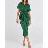imageBTFBM Women Button Down Ruched Shirt Dresses Satin Short Sleeve Lapel V Neck Summer Maxi Dress 2025 Party Wedding GuestDeep Green