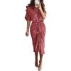 imageBTFBM Women Button Down Ruched Shirt Dresses Satin Short Sleeve Lapel V Neck Summer Maxi Dress 2025 Party Wedding GuestDusty Pink