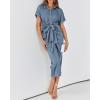 imageBTFBM Women Button Down Ruched Shirt Dresses Satin Short Sleeve Lapel V Neck Summer Maxi Dress 2025 Party Wedding GuestGrey Blue