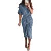 imageBTFBM Women Button Down Ruched Shirt Dresses Satin Short Sleeve Lapel V Neck Summer Maxi Dress 2025 Party Wedding GuestGrey Blue