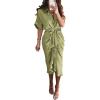 imageBTFBM Women Button Down Ruched Shirt Dresses Satin Short Sleeve Lapel V Neck Summer Maxi Dress 2025 Party Wedding GuestLight Green