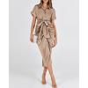 imageBTFBM Women Button Down Ruched Shirt Dresses Satin Short Sleeve Lapel V Neck Summer Maxi Dress 2025 Party Wedding GuestLight Khaki