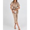 imageBTFBM Women Button Down Ruched Shirt Dresses Satin Short Sleeve Lapel V Neck Summer Maxi Dress 2025 Party Wedding GuestLight Khaki