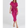 imageBTFBM Women Button Down Ruched Shirt Dresses Satin Short Sleeve Lapel V Neck Summer Maxi Dress 2025 Party Wedding GuestRose Red