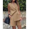 imageBTFBM Womens Blazer Vest Shorts Sets Lapel Neck Casual Sleeveless Button Down Office Summer 2 Piece Lounge Matching SetsKhaki