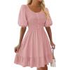 imageBTFBM Spring Empire Waist Dress for Women 2025 Summer Smocked Crewneck Puff Short Sleeve Beach Vacation Mini DressesPink