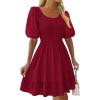 imageBTFBM Spring Empire Waist Dress for Women 2025 Summer Smocked Crewneck Puff Short Sleeve Beach Vacation Mini DressesRed