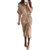 imageBTFBM Women Button Down Ruched Shirt Dresses Satin Short Sleeve Lapel V Neck Summer Maxi Dress 2025 Party Wedding GuestLight Khaki