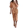 imageBTFBM Women Button Down Ruched Shirt Dresses Satin Short Sleeve Lapel V Neck Summer Maxi Dress 2025 Party Wedding GuestLight Red Khaki