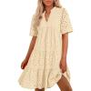 imageBTFBM Womens Boho Summer Dresses 2025 Resort V Neck Short Sleeve Hollow Out Lace Ruffle Casual Beach Mini Vacation DressBeige