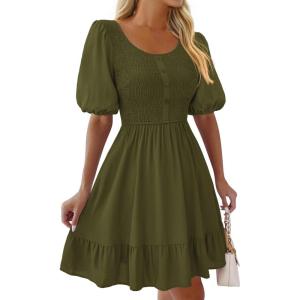 imageBTFBM Spring Empire Waist Dress for Women 2025 Summer Smocked Crewneck Puff Short Sleeve Beach Vacation Mini DressesArmy Green