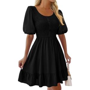 imageBTFBM Spring Empire Waist Dress for Women 2025 Summer Smocked Crewneck Puff Short Sleeve Beach Vacation Mini DressesBlack
