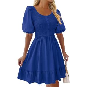 imageBTFBM Spring Empire Waist Dress for Women 2025 Summer Smocked Crewneck Puff Short Sleeve Beach Vacation Mini DressesBlue