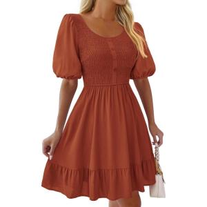 imageBTFBM Spring Empire Waist Dress for Women 2025 Summer Smocked Crewneck Puff Short Sleeve Beach Vacation Mini DressesBrick Red