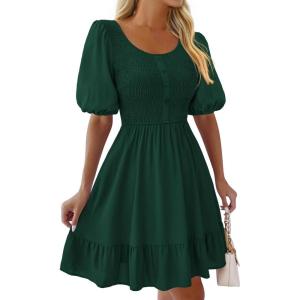 imageBTFBM Spring Empire Waist Dress for Women 2025 Summer Smocked Crewneck Puff Short Sleeve Beach Vacation Mini DressesGreen