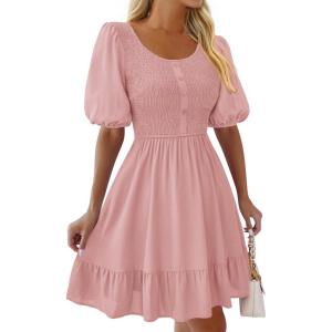 imageBTFBM Spring Empire Waist Dress for Women 2025 Summer Smocked Crewneck Puff Short Sleeve Beach Vacation Mini DressesPink