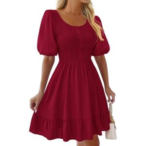 imageBTFBM Spring Empire Waist Dress for Women 2025 Summer Smocked Crewneck Puff Short Sleeve Beach Vacation Mini DressesRed