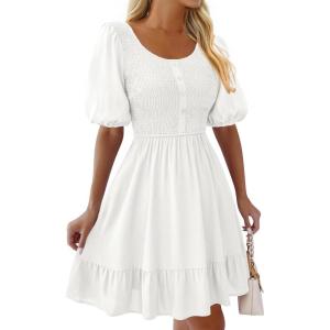 imageBTFBM Spring Empire Waist Dress for Women 2025 Summer Smocked Crewneck Puff Short Sleeve Beach Vacation Mini DressesWhite
