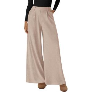 imageBTFBM Wide Leg Pants for Women Dressy Work Business Casual Elastic High Waisted Trousers Ribbed Lounge Palazzo PantsApricot