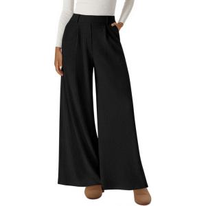 imageBTFBM Wide Leg Pants for Women Dressy Work Business Casual Elastic High Waisted Trousers Ribbed Lounge Palazzo PantsBlack