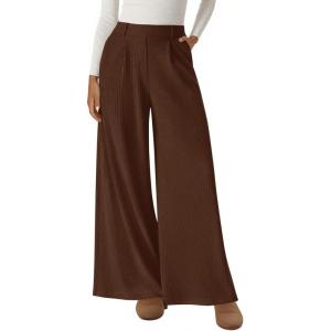 imageBTFBM Wide Leg Pants for Women Dressy Work Business Casual Elastic High Waisted Trousers Ribbed Lounge Palazzo PantsBrown