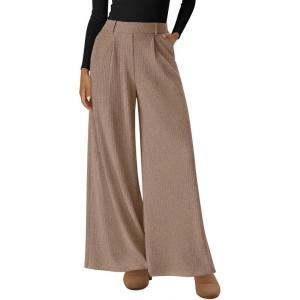 imageBTFBM Wide Leg Pants for Women Dressy Work Business Casual Elastic High Waisted Trousers Ribbed Lounge Palazzo PantsKhaki