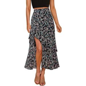 imageBTFBM Women 2025 Summer Fall Boho Long Skirts Dress Floral Print Elastic Waist Split Ruffle High Low Beach Maxi SkirtPrint Floral Black