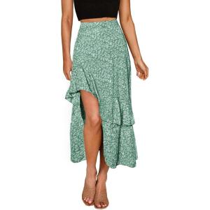 imageBTFBM Women 2025 Summer Fall Boho Long Skirts Dress Floral Print Elastic Waist Split Ruffle High Low Beach Maxi SkirtPrint Floral Green