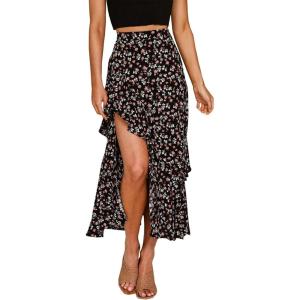 imageBTFBM Women 2025 Summer Fall Boho Long Skirts Dress Floral Print Elastic Waist Split Ruffle High Low Beach Maxi SkirtZblack