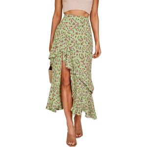 imageBTFBM Women 2025 Summer Fall Boho Long Skirts Dress Floral Print Elastic Waist Split Ruffle High Low Beach Maxi SkirtZgreen
