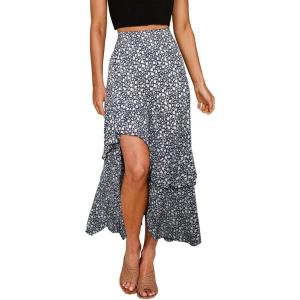 imageBTFBM Women 2025 Summer Fall Boho Long Skirts Dress Floral Print Elastic Waist Split Ruffle High Low Beach Maxi SkirtZnavy