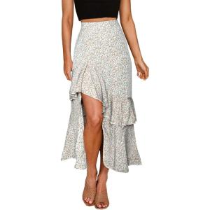 imageBTFBM Women 2025 Summer Fall Boho Long Skirts Dress Floral Print Elastic Waist Split Ruffle High Low Beach Maxi SkirtZwhite