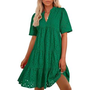 imageBTFBM Womens Boho Summer Dresses 2025 Resort V Neck Short Sleeve Hollow Out Lace Ruffle Casual Beach Mini Vacation DressDark Green