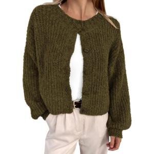 imageBTFBM Womens Chunky Knit Fall Cardigan 2025 Winter Long Sleeve Button Down Soft Loose Cropped Sweater OutwearArmy Green