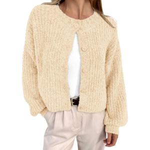 imageBTFBM Womens Chunky Knit Fall Cardigan 2025 Winter Long Sleeve Button Down Soft Loose Cropped Sweater OutwearBeige