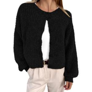 imageBTFBM Womens Chunky Knit Fall Cardigan 2025 Winter Long Sleeve Button Down Soft Loose Cropped Sweater OutwearBlack