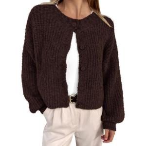 imageBTFBM Womens Chunky Knit Fall Cardigan 2025 Winter Long Sleeve Button Down Soft Loose Cropped Sweater OutwearCoffee