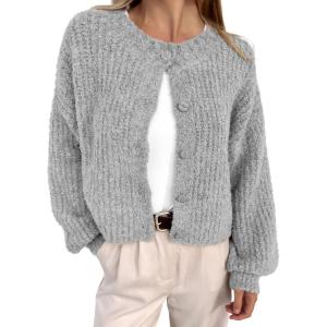 imageBTFBM Womens Chunky Knit Fall Cardigan 2025 Winter Long Sleeve Button Down Soft Loose Cropped Sweater OutwearGrey