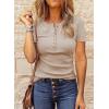 imageBTFBM Women 2025 Summer Henley Tunic Top V Neck Short Sleeve Button UP Solid Slim Fit Casual Ribbed Knit Shirt BlousesBeige